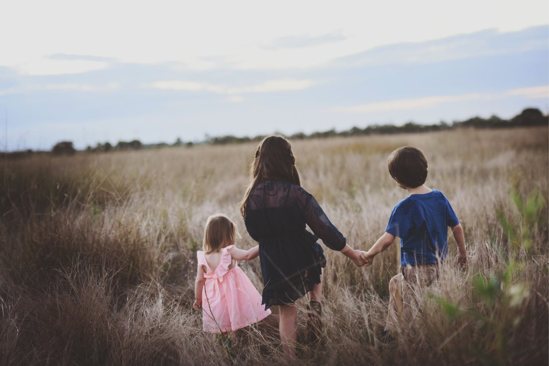 Three children walking hand in hand through long grass at dusk.